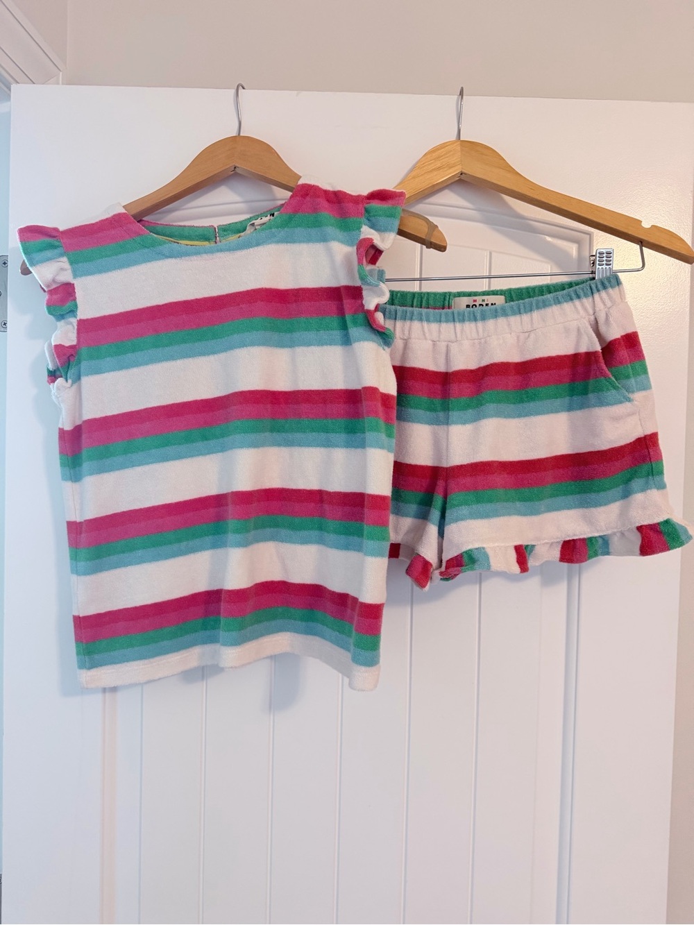 Mini Boden Girls Terry Towelling Striped Ruffle Top Shorts Set 10 11-12
